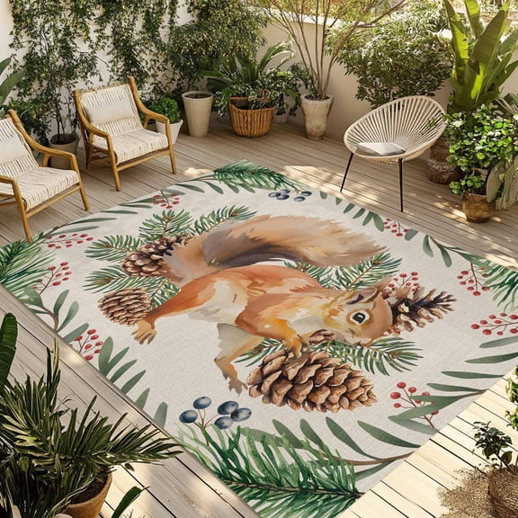 Fsddascl Christmas Squirrel Outdoor Rug for Patio/Deck/Porch, Non-Slip Large Area Rug 5 x 8 Ft, Winter Xmas Pine Cones Plants Indoor Outdoor Rugs Washable Area Rugs, Camping Rug Carpet Runner