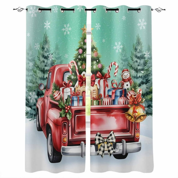 Fsddascl Christmas Teal Green Blackout Curtains for Bedroom/Living Room, Thermal Insulated Kitchen Curtains, Winter Xmas Tree Red Truck Snowflakes Grommet Darkening Window Treatment Drapes 52"x72"x2
