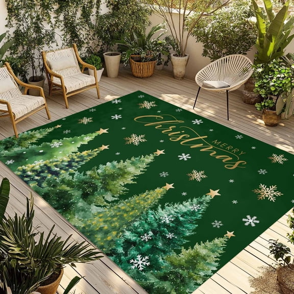 Fsddascl Christmas Tree Green Outdoor Rug for Patio/Deck/Porch, Non-Slip Large Area Rug 6 x 9 Ft, Winter Snowflakes Xmas Pine Tree Indoor Outdoor Rugs Washable Area Rugs, Camping Rug Carpet Runner