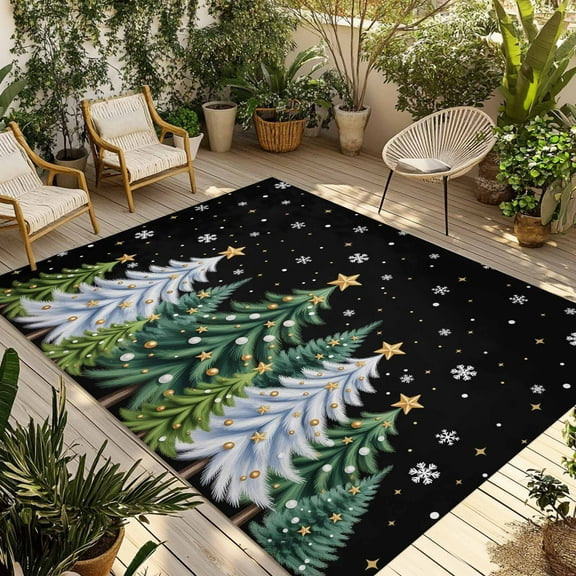 Fsddascl Christmas Tree Outdoor Rug for Patio/Deck/Porch, Non-Slip Large Area Rug 6 x 9 Ft, Winter Snowflake Xmas Pine Forest Stars Indoor Outdoor Rugs Washable Area Rugs, Camping Rug Carpet Runner