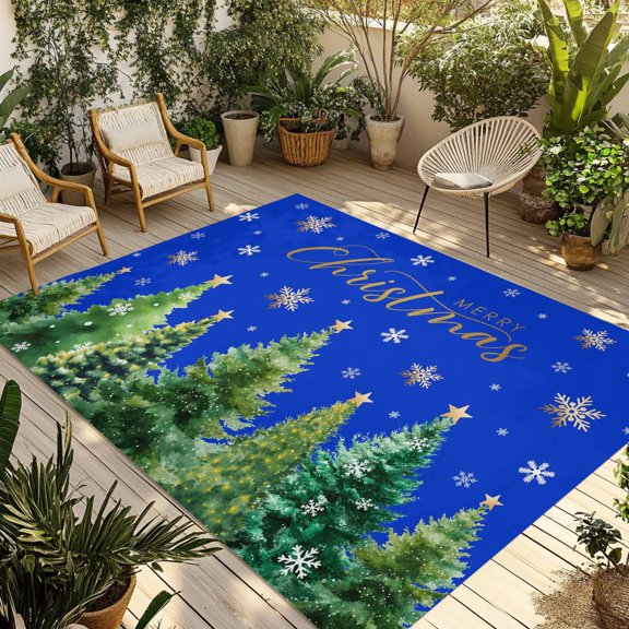 Fsddascl Christmas Tree Outdoor Rug for Patio/Deck/Porch, Non-Slip Large Area Rug 6 x 9 Ft, Winter Snowflakes Xmas Pine Tree Blue Indoor Outdoor Rugs Washable Area Rugs, Camping Rug Carpet Runner