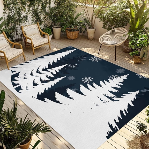 Fsddascl Christmas Tree Outdoor Rug for Patio/Deck/Porch, Non-Slip Large Area Rug 6 x 9 Ft, Xmas Pine Tree Winter Snowflakes Blue Indoor Outdoor Rugs Washable Area Rugs, Camping Rug Carpet Runner