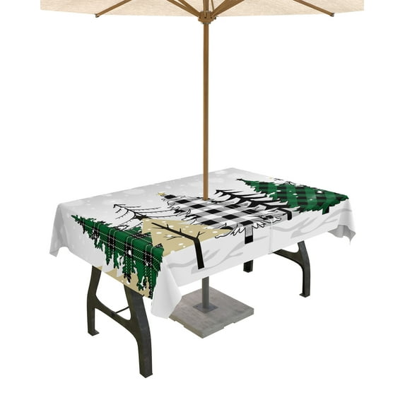Fsddascl Christmas Tree Outdoor Tablecloth - 52x70 Inch Dining Table Cover, Merry Christmas Grey Xmas Tree Winter Snowflake Waterproof Outdoor Table Cloth with Umbrella Hole & Zipper for Patio