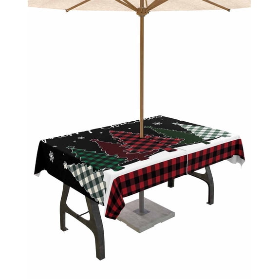Fsddascl Christmas Tree Outdoor Tablecloth - 54x80 Inch Rectangle Dining Table Cover, Xmas Tree Snowflake Plaid Black Red Waterproof Outdoor Table Cloth with Umbrella Hole & Zipper for Picnic/Patio
