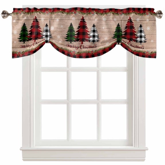 Fsddascl Christmas Tree Tie Up Valance Curtains for Windows, Kitchen Curtains Window Treatments, Red Black Checkered Snonwflake Retro Wood Short Window Shades Valances for Bedroom Bathroom 42"x12"