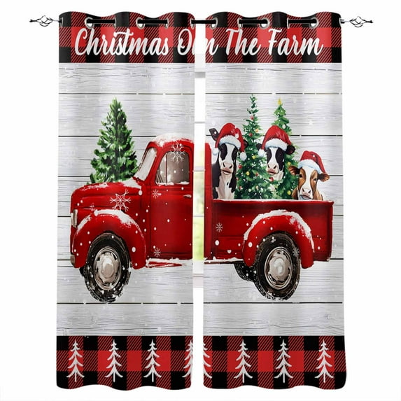 Fsddascl Christmas Truck Blackout Curtains for Bedroom/Living Room, Thermal Insulated Kitchen Curtains, Xmas Tree Red Plaid Snowflake Vintage Grommet Darkening Window Treatment Drapes 52"x84"x2