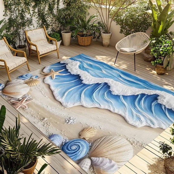 Fsddascl Coastal Beach Outdoor Rug for Patio/Deck/Porch, Non-Slip Large Area Rug 4 x 6 Ft, Blue Ocean Starfish Shell Seashore Sand Indoor Outdoor Rugs Washable Area Rugs, Camping Rug Carpet