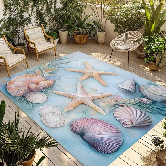 Fsddascl Coastal Beach Outdoor Rug for Patio/Deck/Porch, Non-Slip Large Area Rug 5 x 8 Ft, Summer Starfish Nautical Shell Ocean Indoor Outdoor Rugs Washable Area Rugs, Reversible Camping Rug Carpet