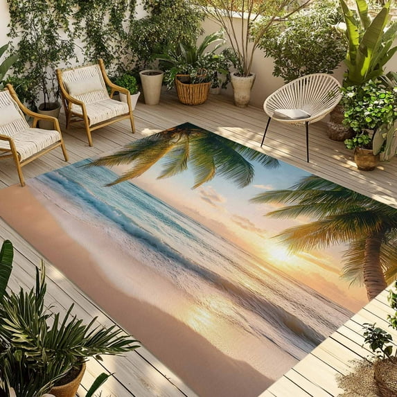 Fsddascl Coastal Beach Outdoor Rug for Patio/Deck/Porch, Non-Slip Large Area Rug 5 x 8 Ft, Summer Tropical Palm Trees Ocean Indoor Outdoor Rugs Washable Area Rugs, Reversible Camping Rug Carpet
