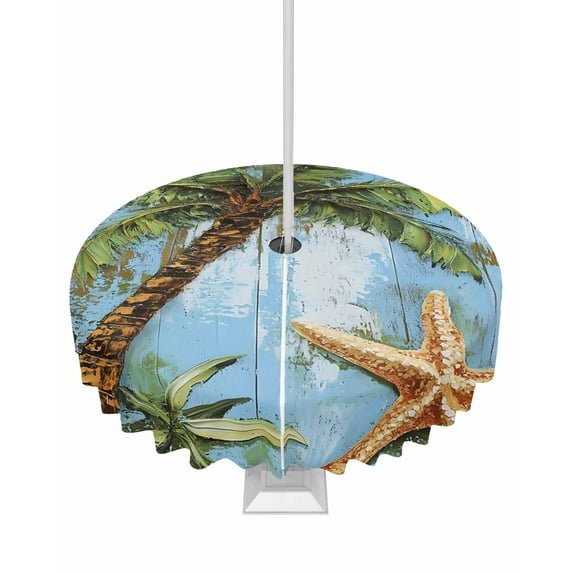 Fsddascl Coastal Beach Outdoor Tablecloth - 60 Inch Round Dining Table Cover, Oil Painted Tropical Palm Tree Starfish Waterproof Outdoor Table Cloth with Umbrella Hole & Zipper for Picnic/Patio
