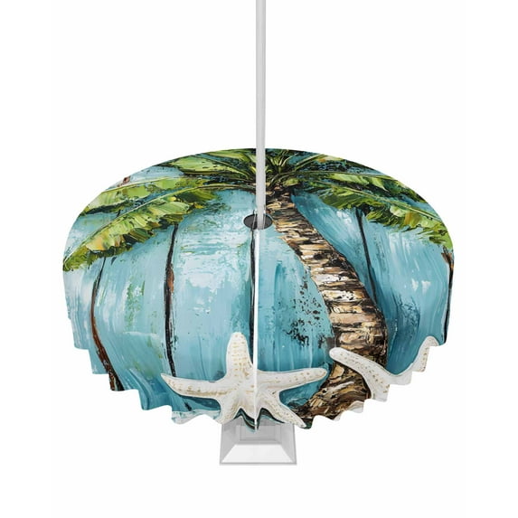 Fsddascl Coastal Beach Starfish Outdoor Tablecloth - 54 Inch Round Dining Table Cover, Blue Green Tropical Palm Tree Wood Grain Waterproof Outdoor Table Cloth with Umbrella Hole & Zipper for Patio