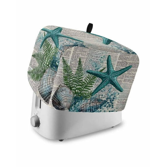 Fsddascl Coastal Beach Toaster Cover 4 Slice, Large Kitchen Appliance Covers, Vintage Ocean Starfish Conch Pine Leaf Toaster Oven Cover with Loop, Bread Machine Cover Polyester Dust Cover Protection