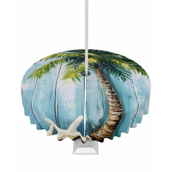 Fsddascl Coastal Beach Tree Outdoor Tablecloth - 54 Inch Round Dining Table Cover, Ocean Tropical Palm Starfish Blue Green Waterproof Outdoor Table Cloth with Umbrella Hole & Zipper for Picnic/Patio