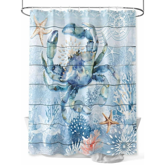 Fsddascl Coastal Blue Crab Shower Curtain Set - 36" x 78" Washable Bathtub Curtain with 12 Hooks, Ocean Nautical Starfish Coral Wooden Waterproof Fabric Stall Shower Curtains for Bathroom/Bathtub
