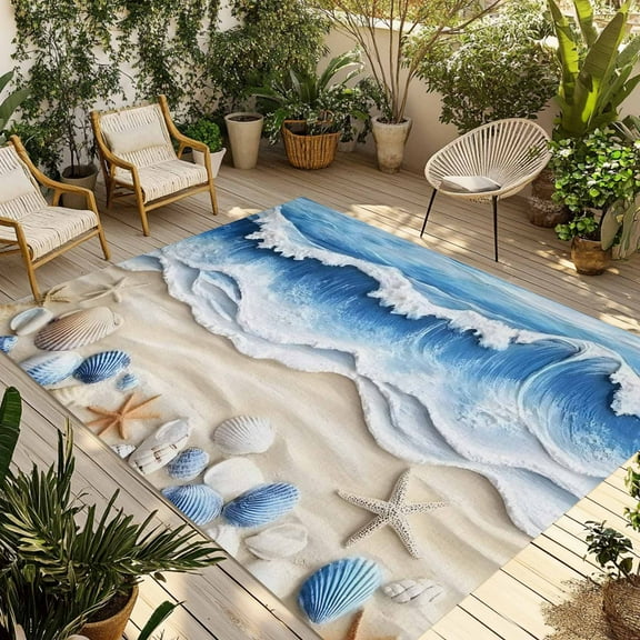 Fsddascl Coastal Blue Outdoor Rug for Patio/Deck/Porch, Non-Slip Large Area Rug 4 x 6 Ft, Starfish Beach Ocean Shell Sand Painting Indoor Outdoor Rugs Washable Area Rugs, Camping Rug Carpet