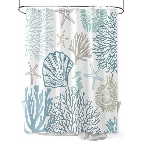 Fsddascl Coastal Blue Shower Curtain Set - Extra Long 72" x 96" Bathtub Curtain with 12 Hooks, Coral Starfish Ocean Shell Marine Life Waterproof Fabric Stall Shower Curtains for Bathroom/Bathtub