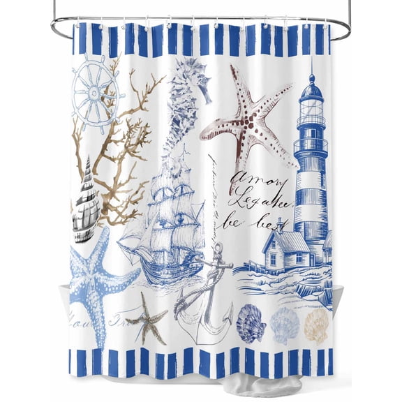 Fsddascl Coastal Blue Shower Curtain Set - Long 72" x 84" Washable Bathtub Curtain with 12 Hooks, Ocean Nautical Lighthouse Starfish Anchor Waterproof Fabric Stall Shower Curtains for Bathroom