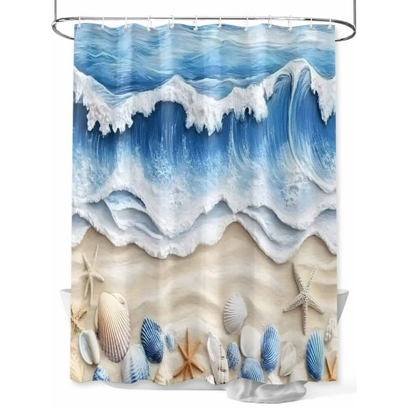 Fsddascl Coastal Blue Shower Curtain Set - Standard 72" x 72" Washable Bathtub Curtain with 12 Hooks, Starfish Beach Ocean Shell Sand Painting Waterproof Fabric Stall Shower Curtains for Bathroom