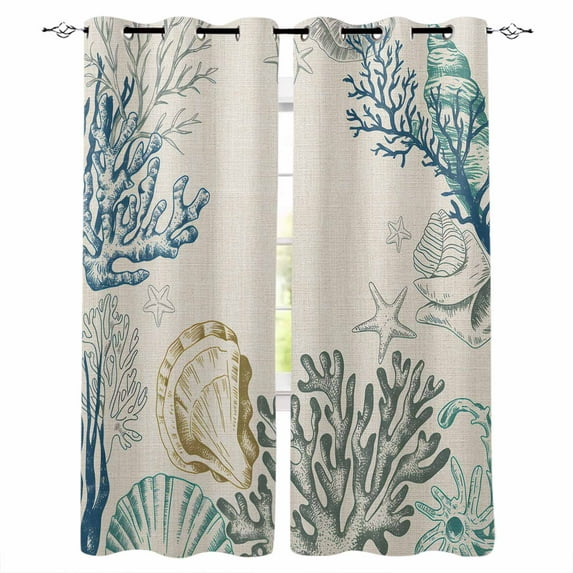 Fsddascl Coastal Coral Blackout Curtains for Bedroom/Living Room, Thermal Insulated Kitchen Curtains, Turquoise Blue Shell Conch Starfish Grommet Darkening Window Treatment Drapes 27.5"x39"x2
