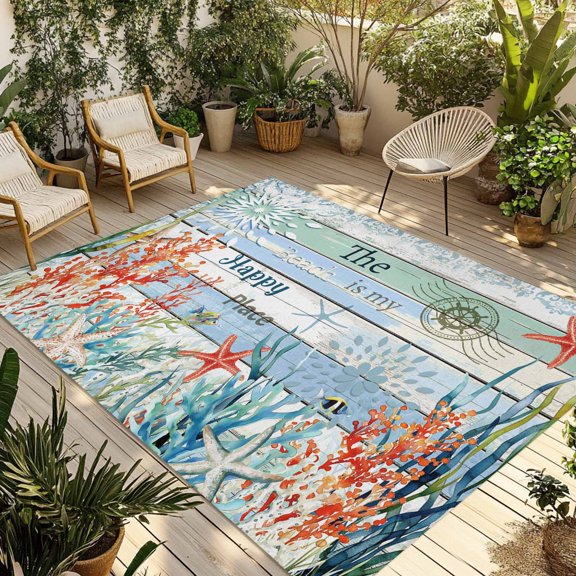 Fsddascl Coastal Coral Outdoor Rug for Patio/Deck/Porch, Non-Slip Large Area Rug 4 x 6 Ft, Summer Beach Starfish Teal Blue Woode Indoor Outdoor Rugs Washable Area Rugs, Reversible Camping Rug Carpet