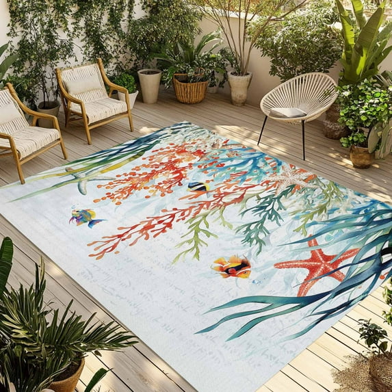 Fsddascl Coastal Coral Outdoor Rug for Patio/Deck/Porch, Non-Slip Large Area Rug 6 x 9 Ft, Summer Beach Ocean Starfish Seagrass Indoor Outdoor Rugs Washable Area Rugs, Reversible Camping Rug Carpet