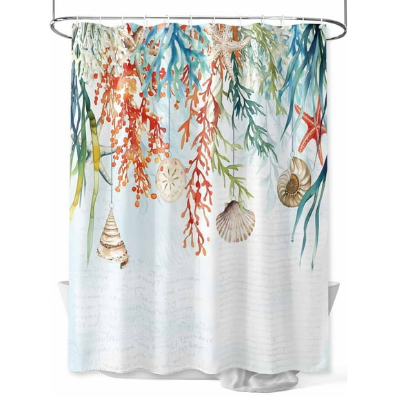 Fsddascl Coastal Coral Shower Curtain Set - Small 36" x 72" Washable Bathtub Curtain with 12 Hooks, Summer Beach Ocean Shell Starfish Waterproof Fabric Stall Shower Curtains for Bathroom/Bathtub