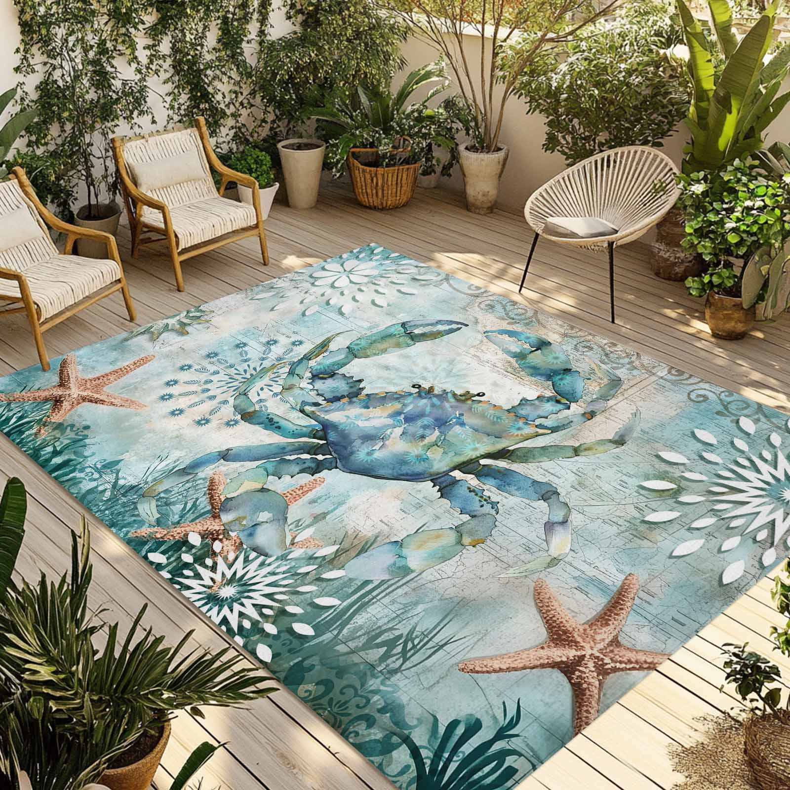 Fsddascl Coastal Crab Outdoor Rug for Patio/Deck/Porch, Non-Slip Large ...