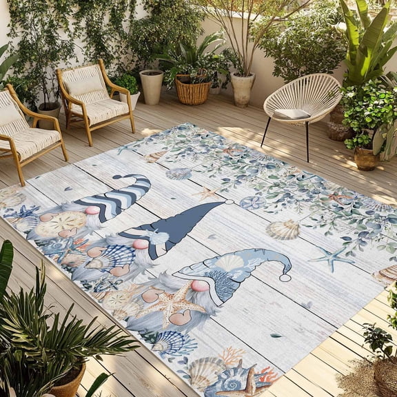 Fsddascl Coastal Eucalyptus Leaf Outdoor Rug for Patio/Deck/Porch, Non-Slip Large Area Rug 4 x 6 Ft, Ocean Blue Gnomes Starfish Wood Grain Indoor Outdoor Rugs Washable Area Rugs, Camping Rug Carpet