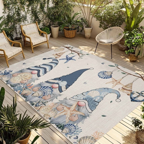 Fsddascl Coastal Eucalyptus Outdoor Rug for Patio/Deck/Porch, Non-Slip Large Area Rug 5 x 8 Ft, Ocean Gnomes Starfish Anchor Leaf Beige Indoor Outdoor Rugs Washable Area Rugs, Camping Rug Carpet