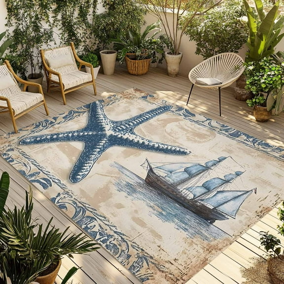 Fsddascl Coastal Nautical Outdoor Rug for Patio/Deck/Porch, Non-Slip Large Area Rug 4 x 6 Ft, Summer Vintage Starfish Floral Indoor Outdoor Rugs Washable Area Rugs, Reversible Camping Rug Carpet