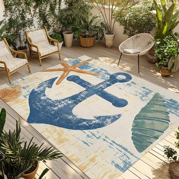 Fsddascl Coastal Nautical Outdoor Rug for Patio/Deck/Porch, Non-Slip Large Area Rug 5 x 8 Ft, Summer Vintage Anchor Starfish Indoor Outdoor Rugs Washable Area Rugs, Reversible Camping Rug Carpet