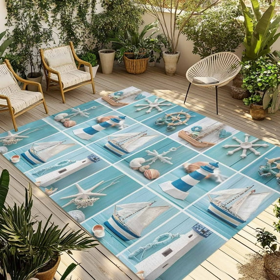 Fsddascl Coastal Ocean Outdoor Rug for Patio/Deck/Porch, Non-Slip Large Area Rug 4 x 6 Ft, Nautical Lighthouse Blue Wooden Indoor Outdoor Rugs Washable Area Rugs, Reversible Camping Rug Carpet