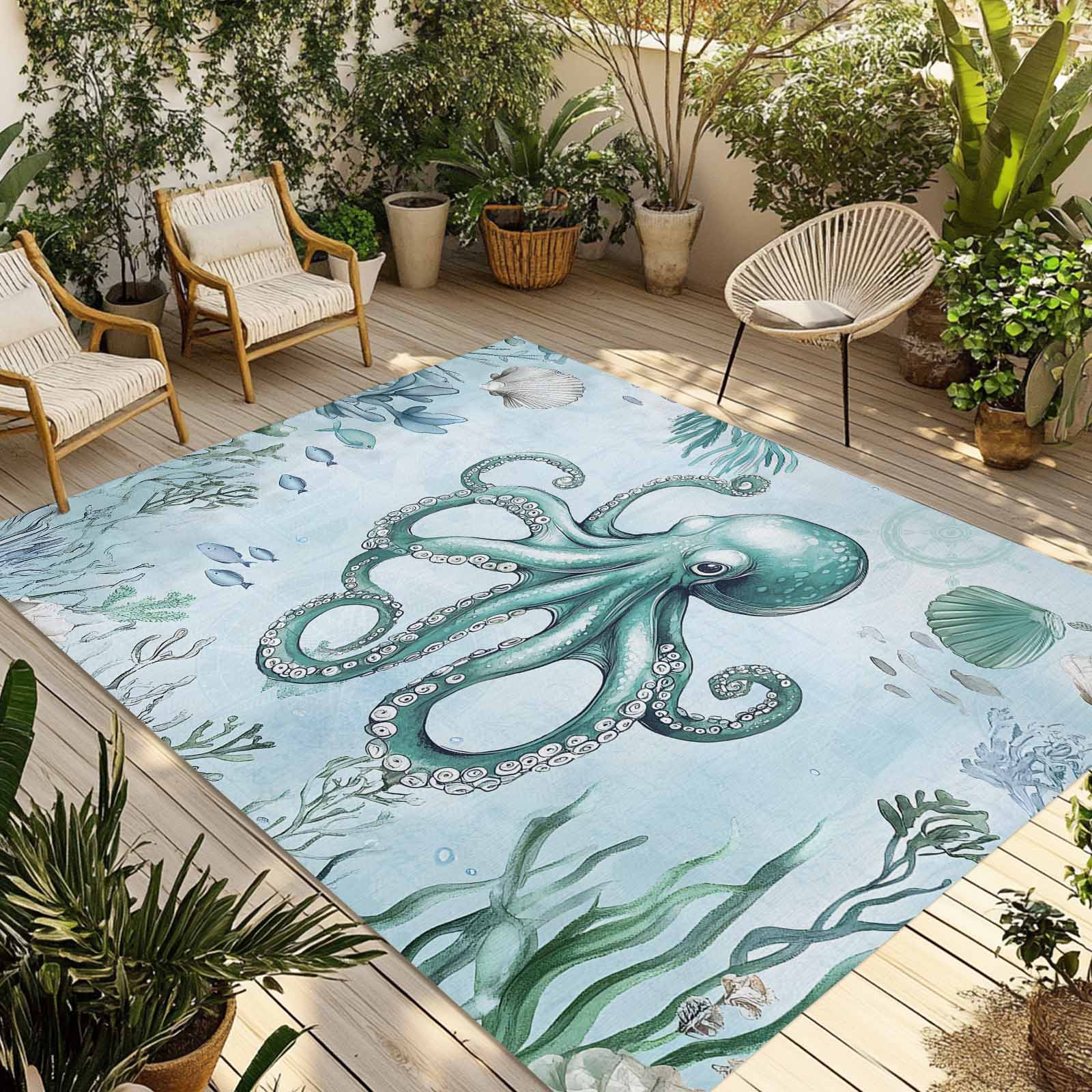 Fsddascl Coastal Octopus Outdoor Rug for Patio/Deck/Porch, Non-Slip Large Area Rug 5 x 8 Ft, Cyan Nautical Fish Shells Seaweeds Indoor Outdoor Rugs Washable Area Rugs, Reversible Camping Rug Carpet