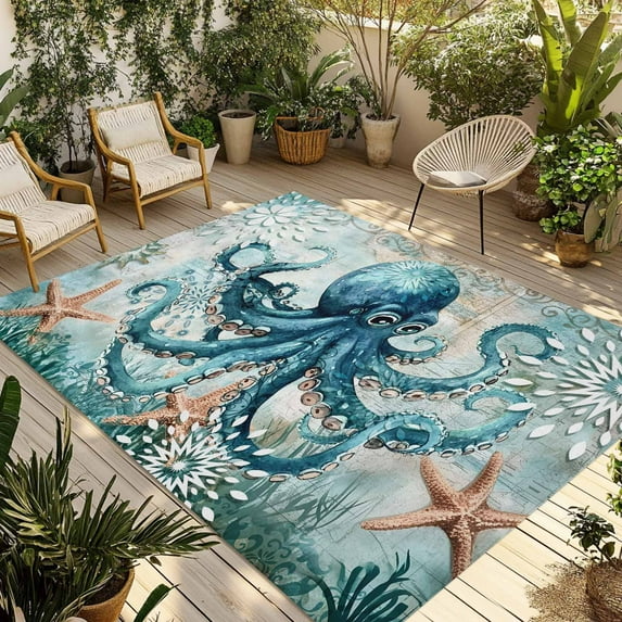 Fsddascl Coastal Octopus Outdoor Rug for Patio/Deck/Porch, Non-Slip Large Area Rug 6 x 9 Ft, Vintage Teal Nautical Beach Starfish Indoor Outdoor Rugs Washable Area Rugs, Camping Rug Carpet