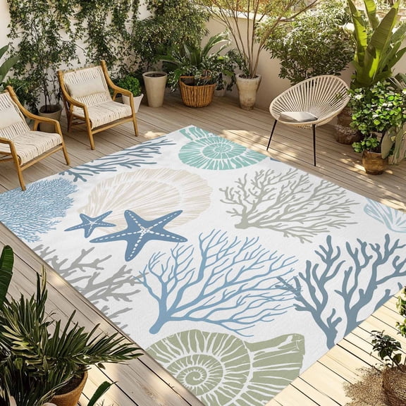 Fsddascl Coastal Outdoor Rug for Patio/Deck/Porch, Non-Slip Large Area Rug 6 x 9 Ft, Summer Beach Nautical Coral Starfish Indoor Outdoor Rugs Washable Area Rugs, Reversible Camping Rug Carpet Runner