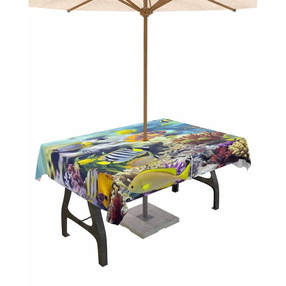 Fsddascl Coastal Outdoor Tablecloth - 52x70 Inch Rectangle Dining Table Cover, Fish Nautical Summer Beach Ocean Waterproof Outdoor Table Cloth with Umbrella Hole & Zipper for Picnic/Patio/Party
