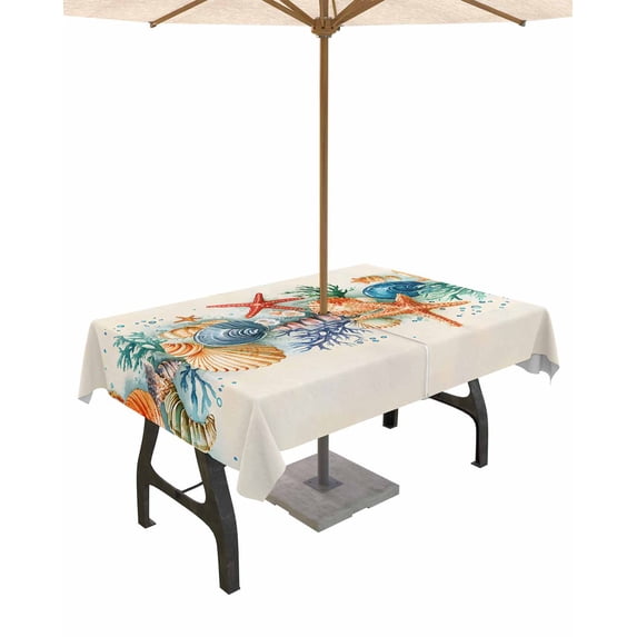 Fsddascl Coastal Outdoor Tablecloth - 60x84 Inch Rectangle Dining Table Cover, Summer Beach Starfish Coral Shell Nautical Waterproof Outdoor Table Cloth with Umbrella Hole & Zipper for Picnic/Patio