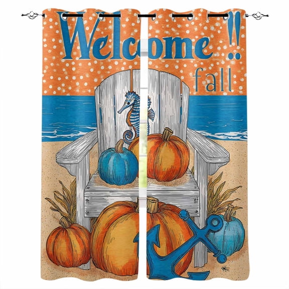 Fsddascl Coastal Pumpkin Blackout Curtains for Bedroom/Living Room, Thermal Insulated Kitchen Curtains, Orange Thanksgiving Blue Anchor Seahorse Grommet Darkening Window Treatment Drapes 27.5"x39"x2