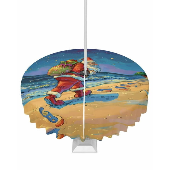 Fsddascl Coastal Santa Christmas Outdoor Tablecloth - 54 Inch Round Dining Table Cover, Blue Xmas Beach Seaside Waterproof Outdoor Table Cloth with Umbrella Hole & Zipper for Picnic/Patio/Party
