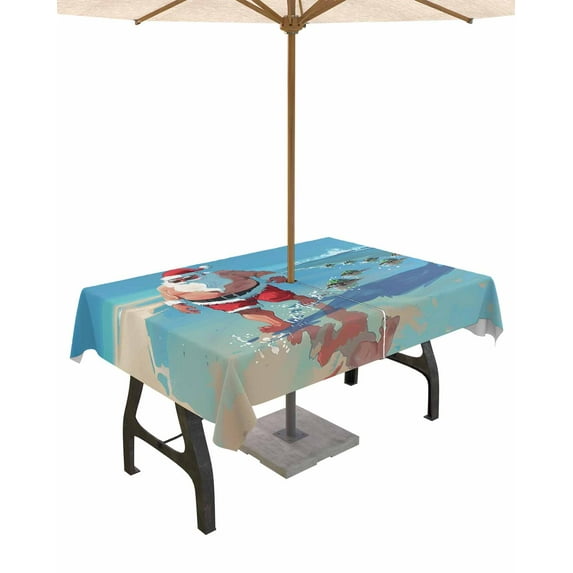 Fsddascl Coastal Santa Christmas Outdoor Tablecloth - 60x84 Inch Rectangle Dining Table Cover, Xmas Sea Turtle Beach Waterproof Outdoor Table Cloth with Umbrella Hole & Zipper for Picnic/Patio/Party