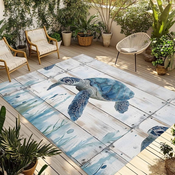 Fsddascl Coastal Sea Turtle Blue Outdoor Rug for Patio/Deck/Porch, Non-Slip Large Area Rug 4 x 6 Ft, Summer Ocean Seaweed Wood Grain Indoor Outdoor Rugs Washable Area Rugs, Camping Rug Carpet