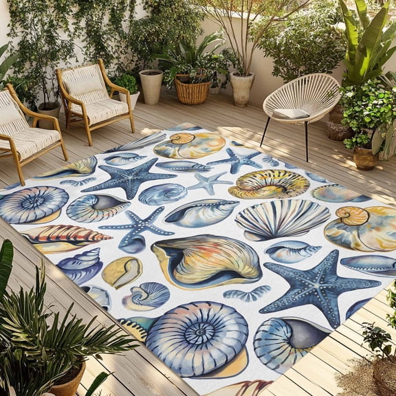 Fsddascl Coastal Seashells Outdoor Rug for Patio/Deck/Porch, Non-Slip Large Area Rug 5 x 8 Ft, Ocean Beach Nautical Starfish Conch Indoor Outdoor Rugs Washable Area Rugs, Camping Rug Carpet