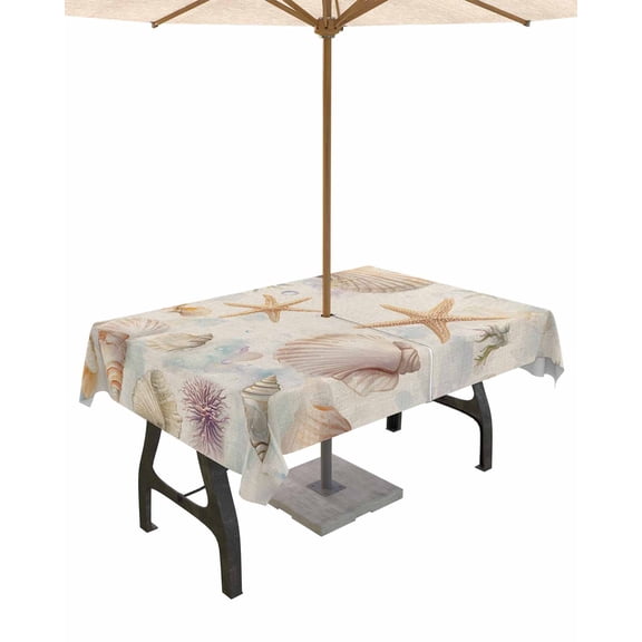 Fsddascl Coastal Shell Conch Outdoor Tablecloth - 54x80 Inch Rectangle Dining Table Cover, Summer Beach Starfish Burlap Waterproof Outdoor Table Cloth with Umbrella Hole & Zipper for Picnic/Patio