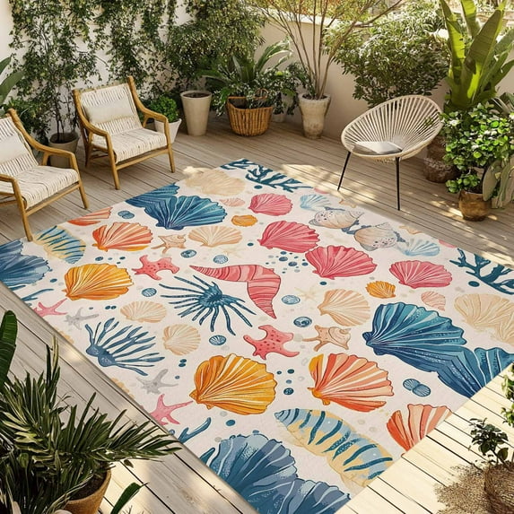 Fsddascl Coastal Shell Outdoor Rug for Patio/Deck/Porch, Non-Slip Large Area Rug 5 x 8 Ft, Summer Nautical Shell Beach Starfish Sea Indoor Outdoor Rugs Washable Area Rugs, Camping Rug Carpet