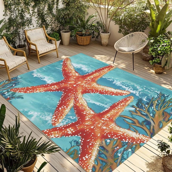 Fsddascl Coastal Starfish Outdoor Rug for Patio/Deck/Porch, Non-Slip Large Area Rug 5 x 8 Ft, Teal Summer Beach Ocean Coral Indoor Outdoor Rugs Washable Area Rugs, Reversible Camping Rug Carpet