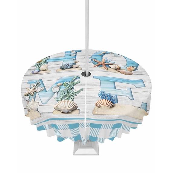 Fsddascl Coastal Summer Beach Outdoor Tablecloth - 54 Inch Round Dining Table Cover, Wood Grain Blue White Plaid Waterproof Outdoor Table Cloth with Umbrella Hole & Zipper for Picnic/Patio/Party