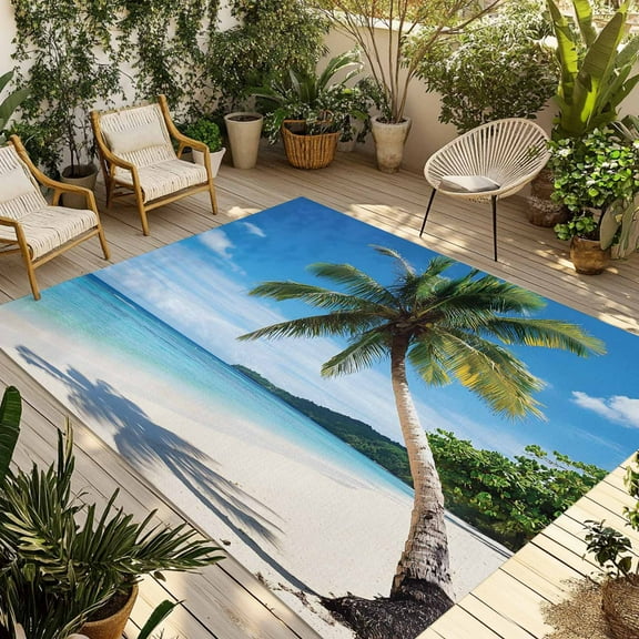 Fsddascl Coastal Tropical Outdoor Rug for Patio/Deck/Porch, Non-Slip Large Area Rug 5 x 8 Ft, Blue Sky Coconut Tree Summer Beach Indoor Outdoor Rugs Washable Area Rugs, Reversible Camping Rug Carpet