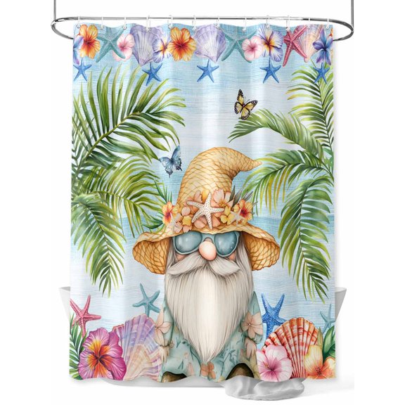 Fsddascl Coastal Tropical Shower Curtain Set - Long 72" x 84" Washable Bathtub Curtain with 12 Hooks, Palm Tree Starfish Shell Flower Gnomes Waterproof Fabric Stall Shower Curtains for Bathroom