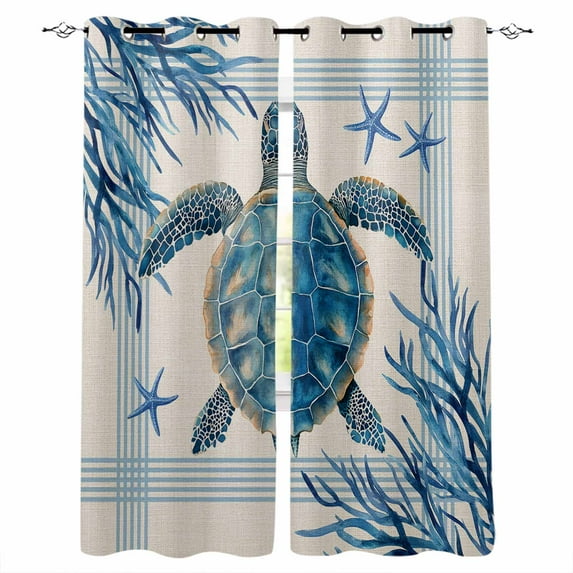 Fsddascl Coastal Turtle Blackout Curtains for Bedroom/Living Room, Thermal Insulated Kitchen Curtains, Blue Starfish Coral Ocean Stripes Retro Grommet Darkening Window Treatment Drapes 42"x63"x2