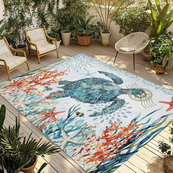 Fsddascl Coastal Turtle Outdoor Rug for Patio/Deck/Porch, Non-Slip Large Area Rug 4 x 6 Ft, Summer Beach Nautical Coral Starfish Indoor Outdoor Rugs Washable Area Rugs, Reversible Camping Rug Carpet
